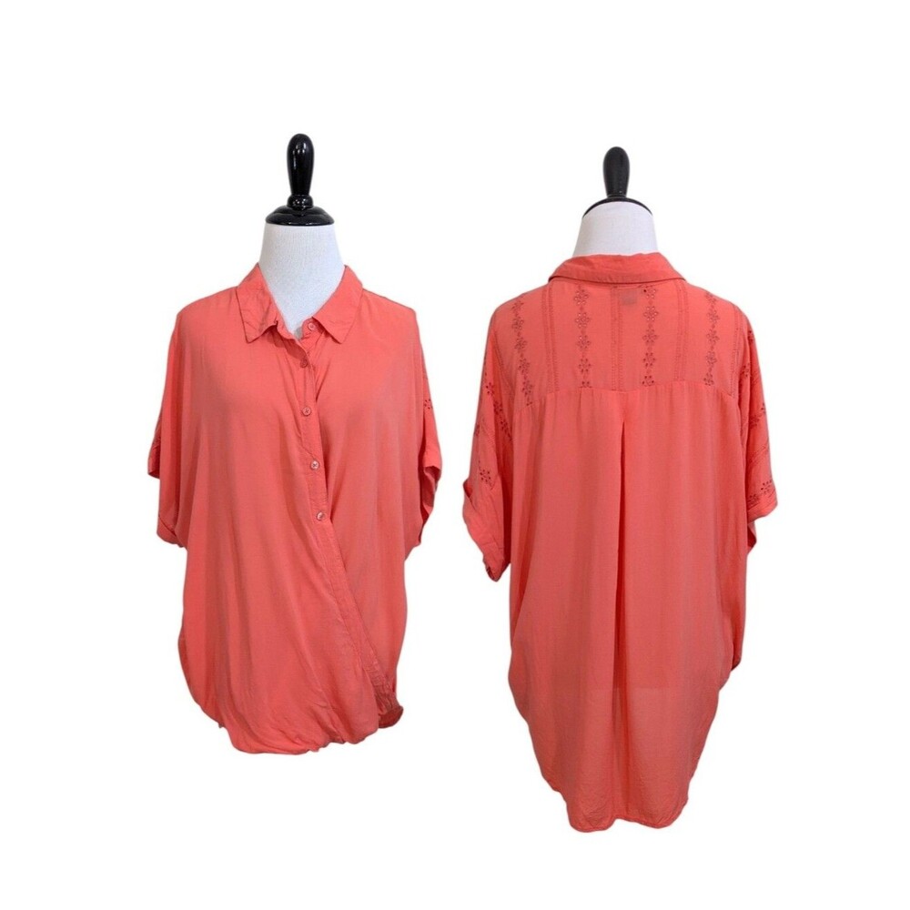 New Directions Coral Orange Slant Button Faux Wrap Blouse - Size XL Womens